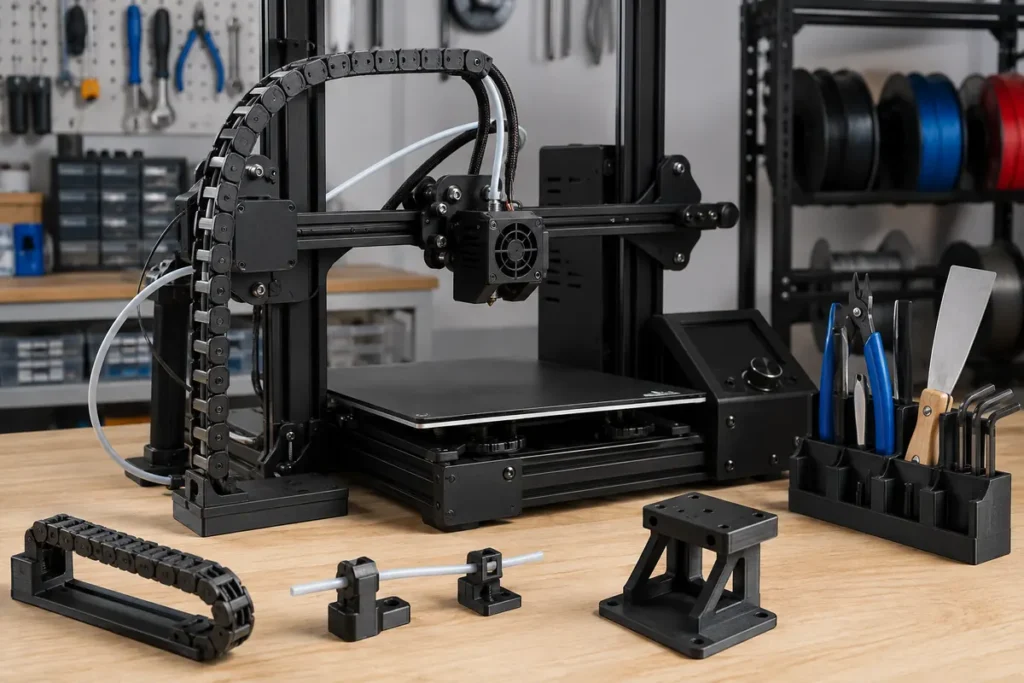 File STL phụ kiện máy in 3D miễn phí CC0: kẹp ống, xích cáp và giá camera